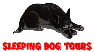sleeping dog tours logo showing a sleeping German Shepherd